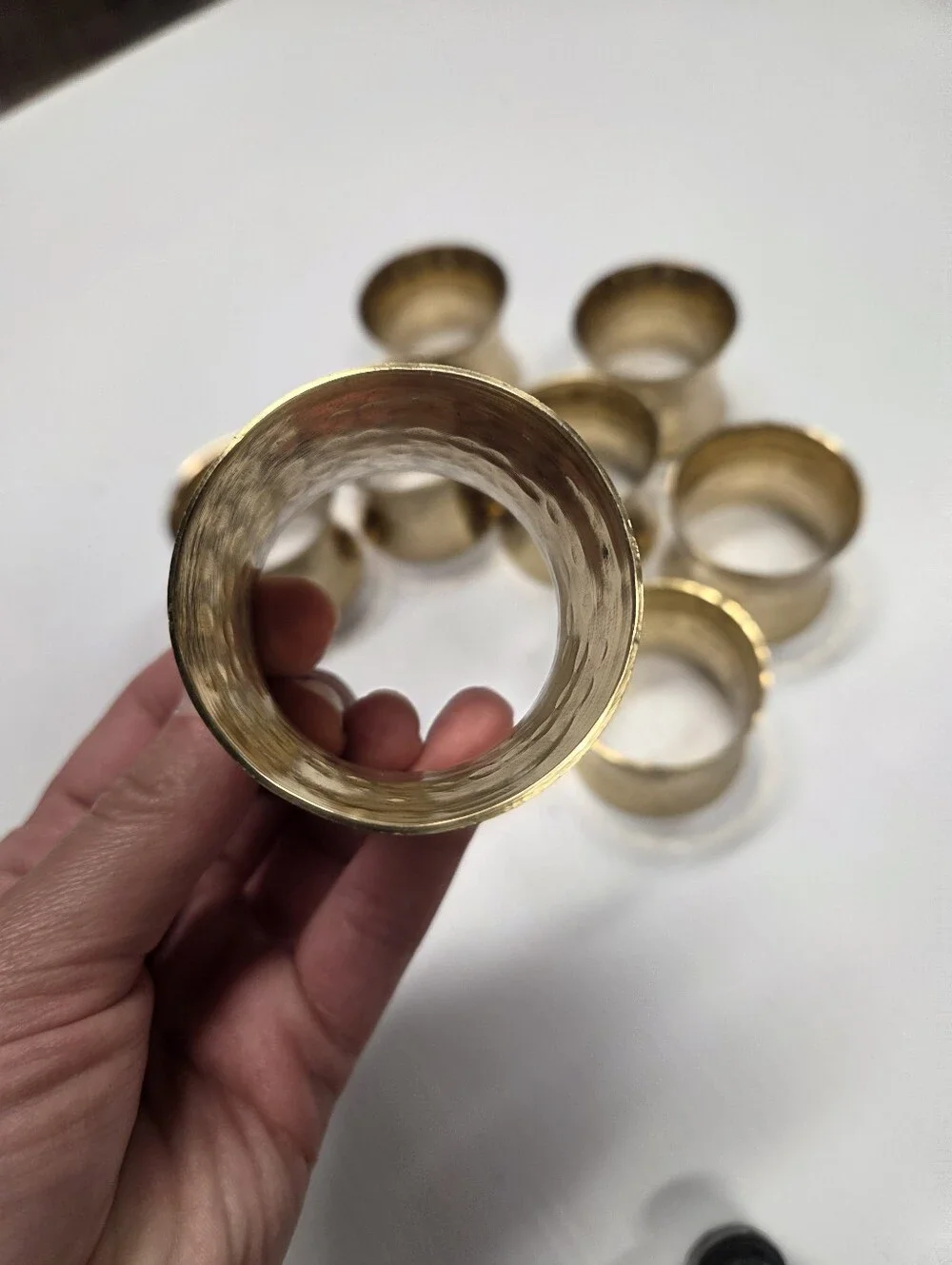 Mid-Century Modern Hammered Gold Brass Flared Napkin Rings – Set of 8
